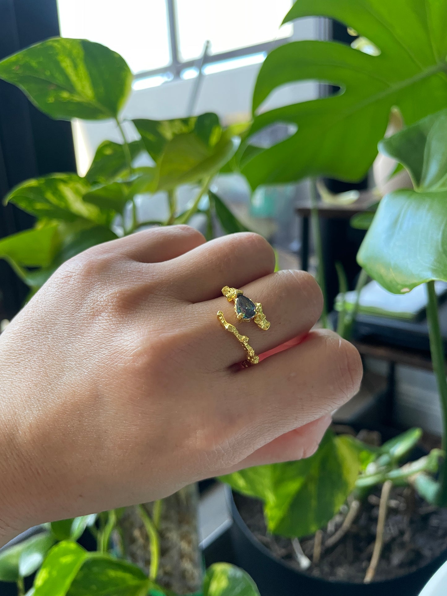 Molten Gold Adjustable Unique Ring with Rainbow Crystal