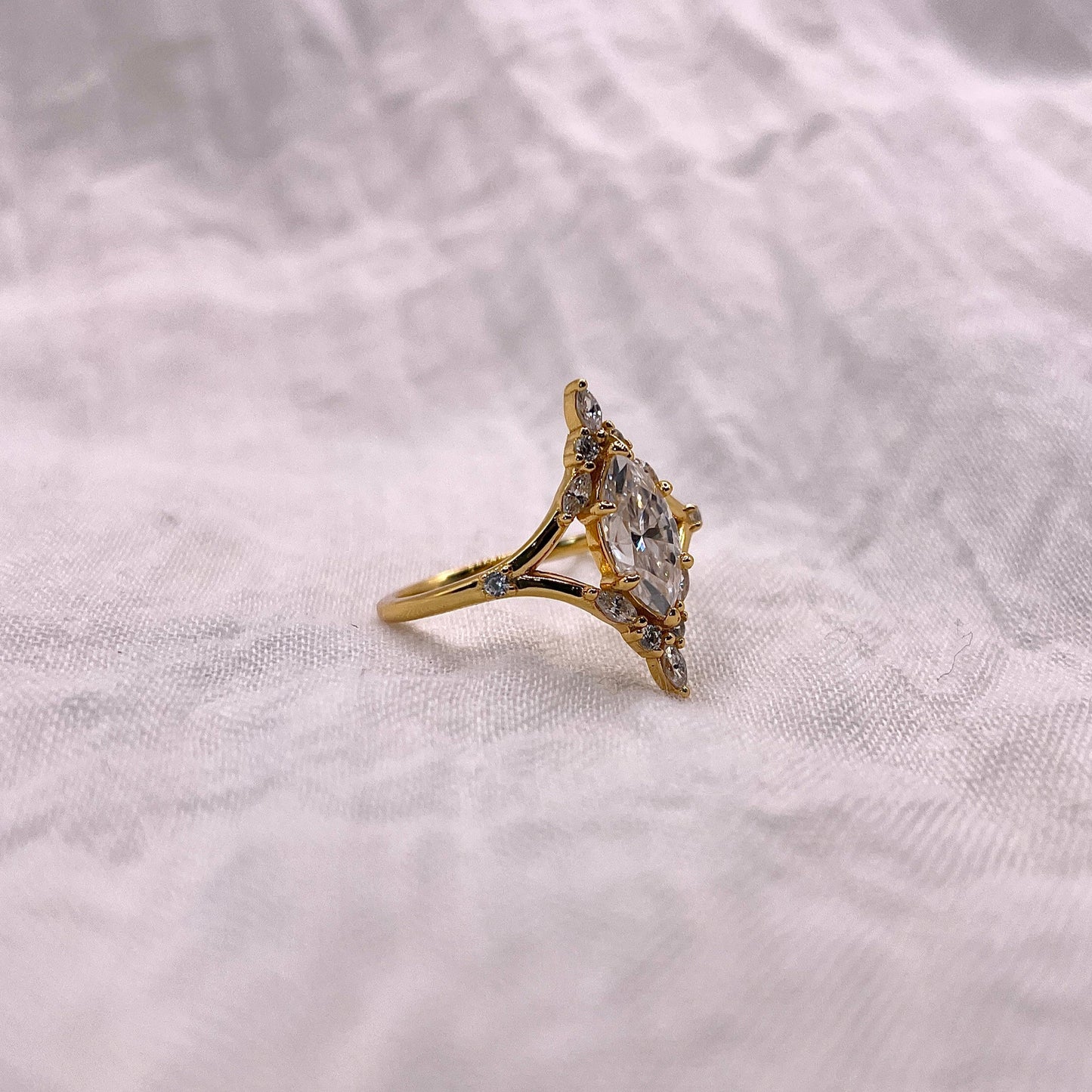 Marquise Moissanite Engagement Ring: Gold Plated Sterling Silver, Vintage Style