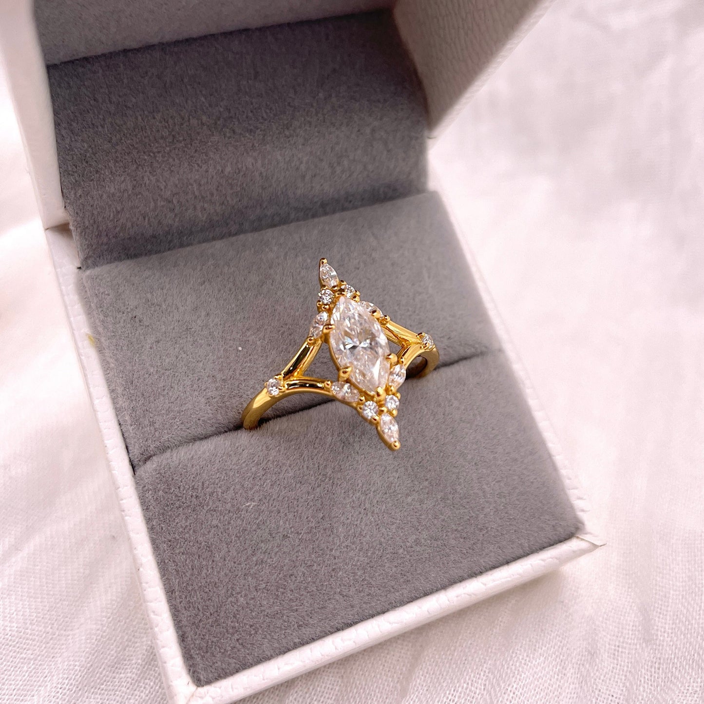 Marquise Moissanite Engagement Ring: Gold Plated Sterling Silver, Vintage Style