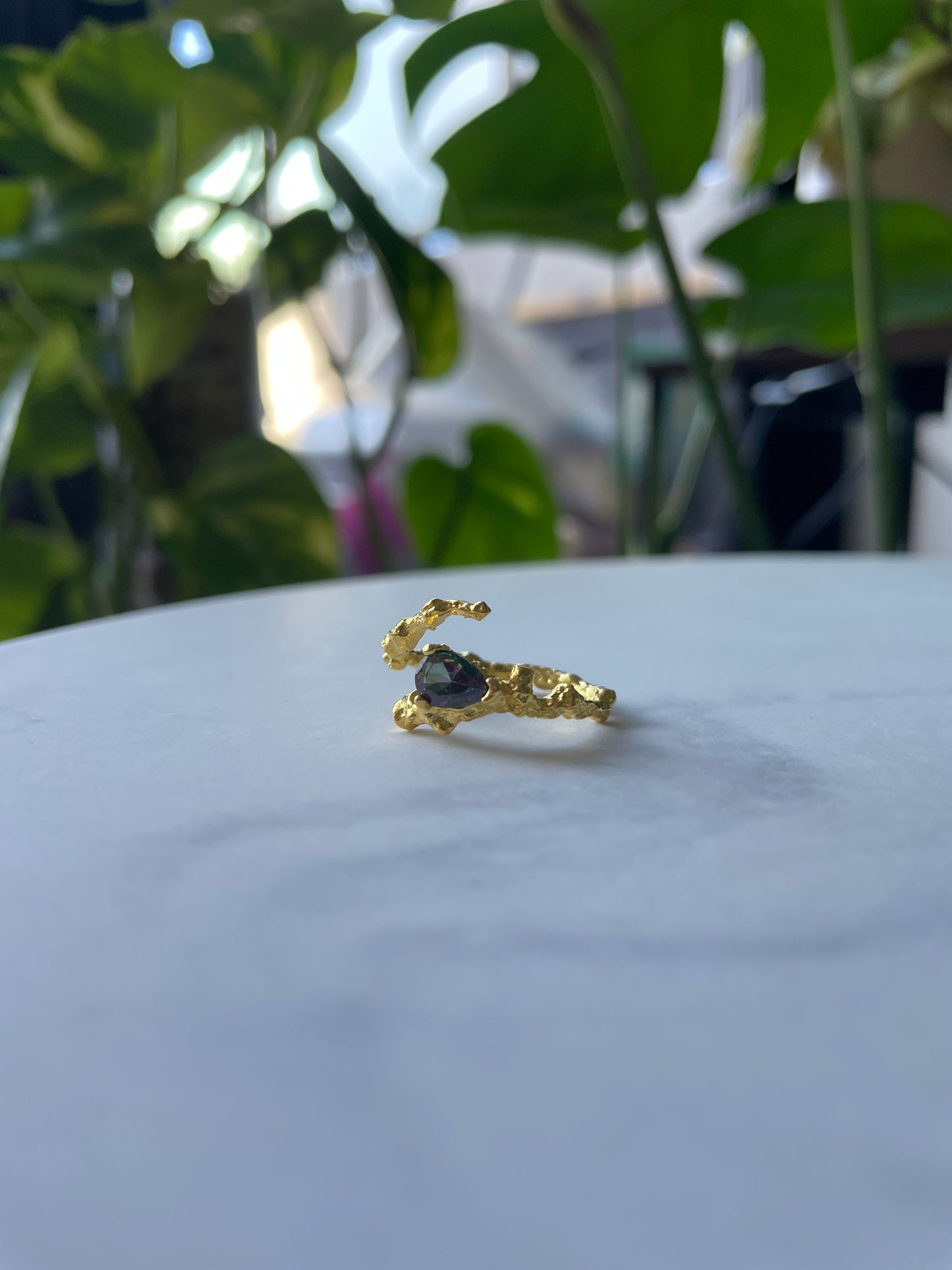 Molten Gold Adjustable Unique Ring with Rainbow Crystal
