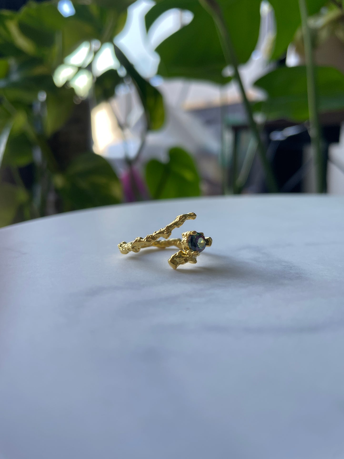 Molten Gold Adjustable Unique Ring with Rainbow Crystal