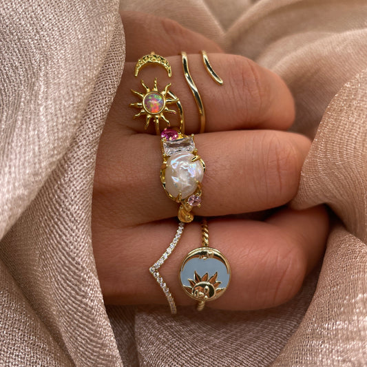 Splendid Sun & Moon 925 Sterling Silver Ring Gold Plated Adjustable Ring