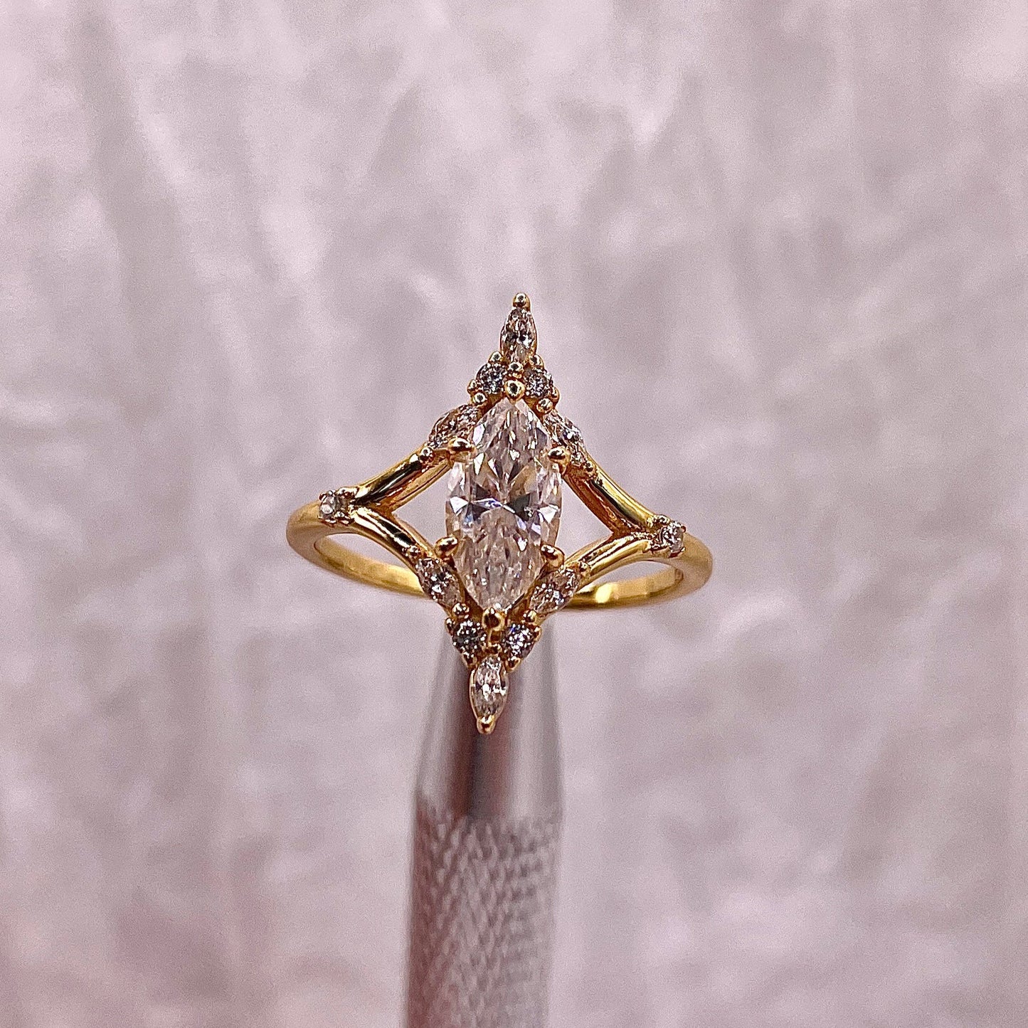 Marquise Moissanite Engagement Ring: Gold Plated Sterling Silver, Vintage Style
