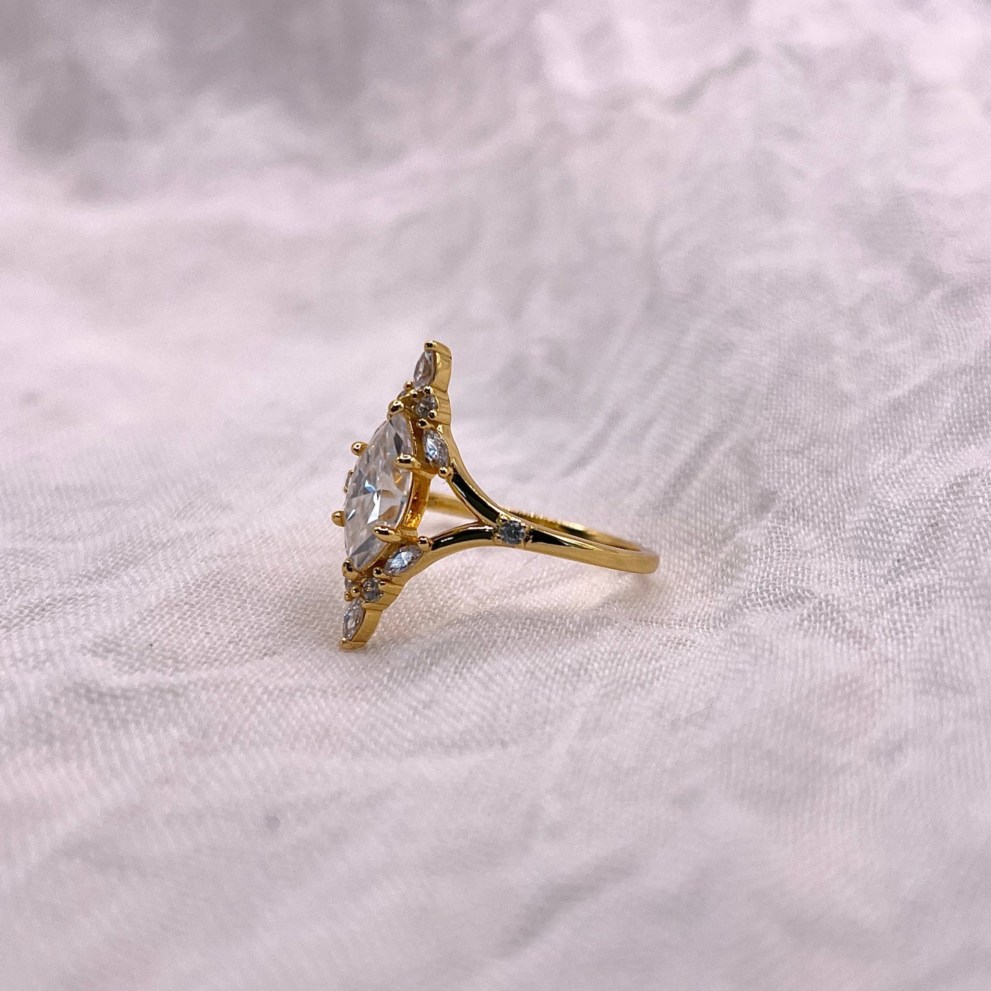 Marquise Moissanite Engagement Ring: Gold Plated Sterling Silver, Vintage Style