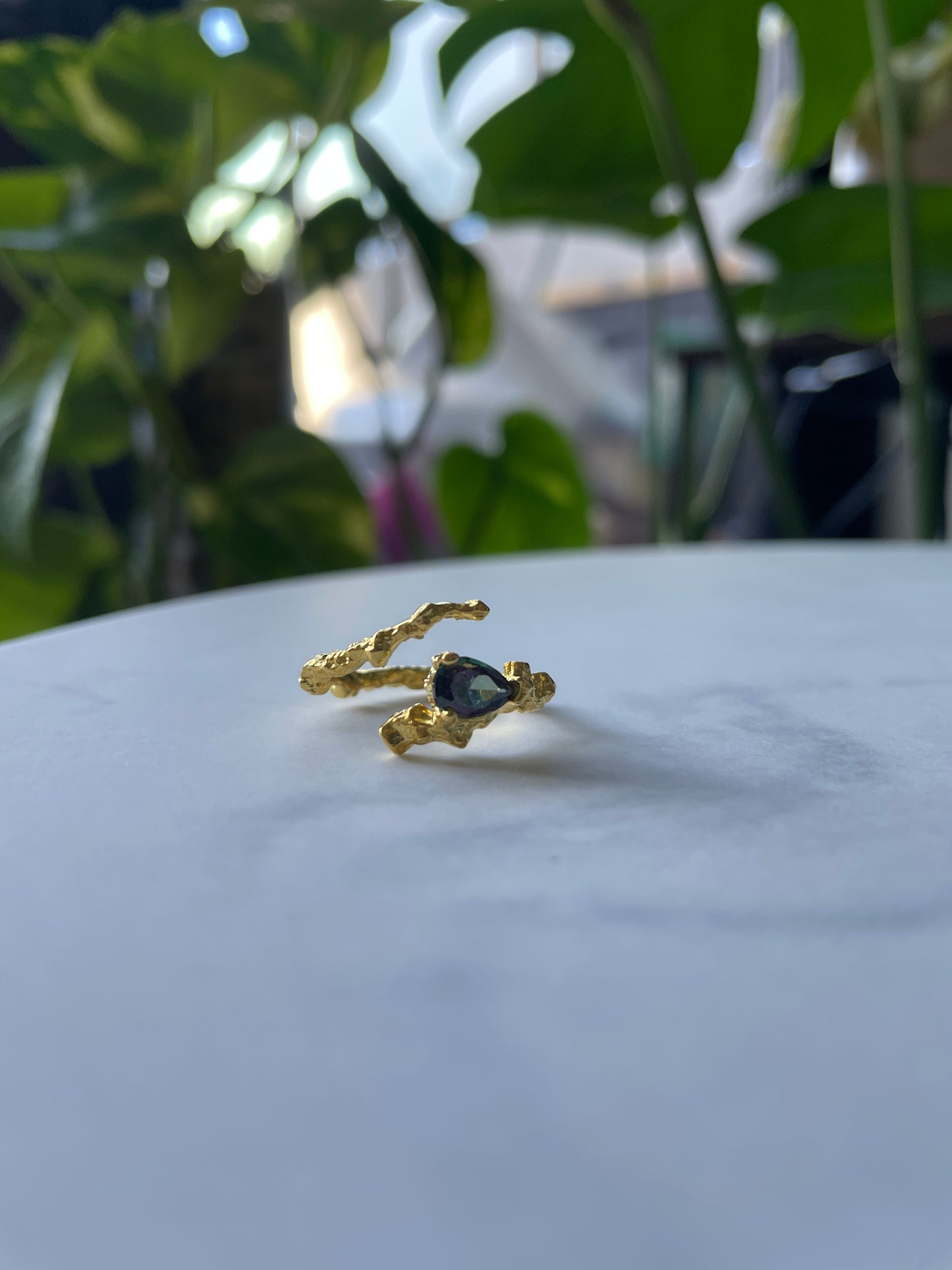 Molten Gold Adjustable Unique Ring with Rainbow Crystal