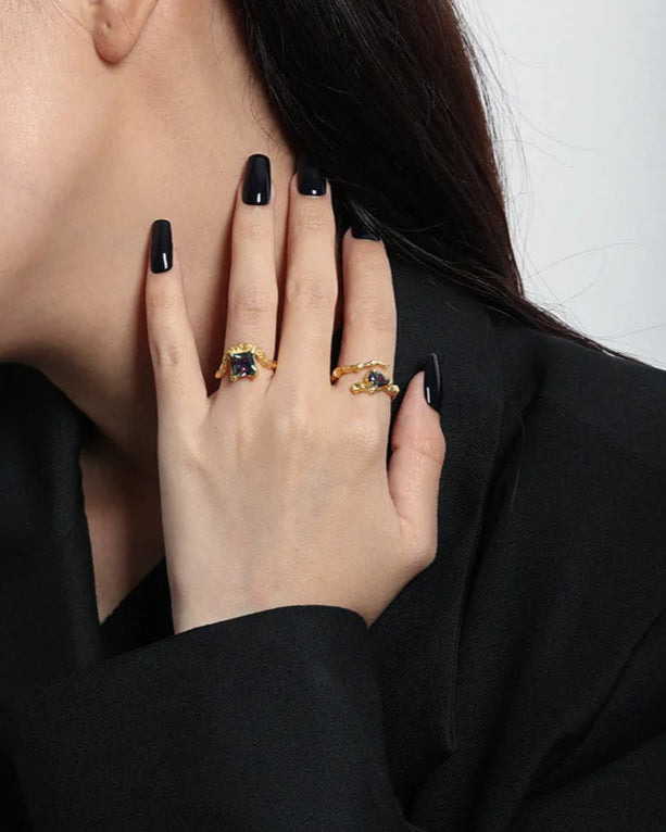 Molten Gold Adjustable Unique Ring with Rainbow Crystal