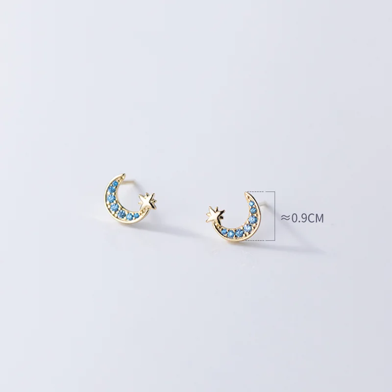 Moon & Star Zircon 925 Sterling Silver Stud Earrings