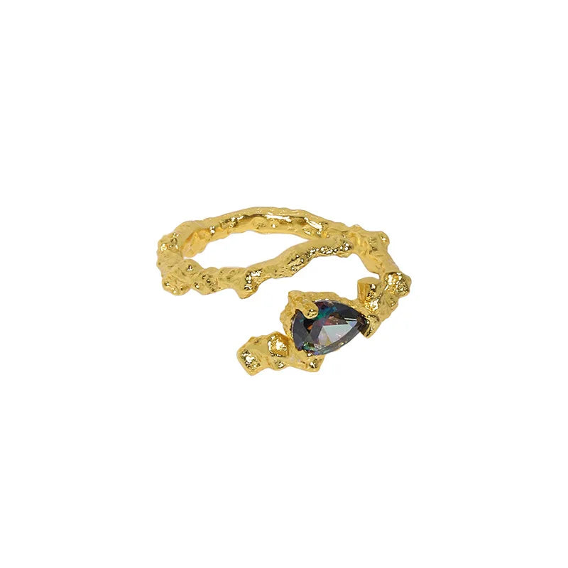 Molten Gold Adjustable Unique Ring with Rainbow Crystal
