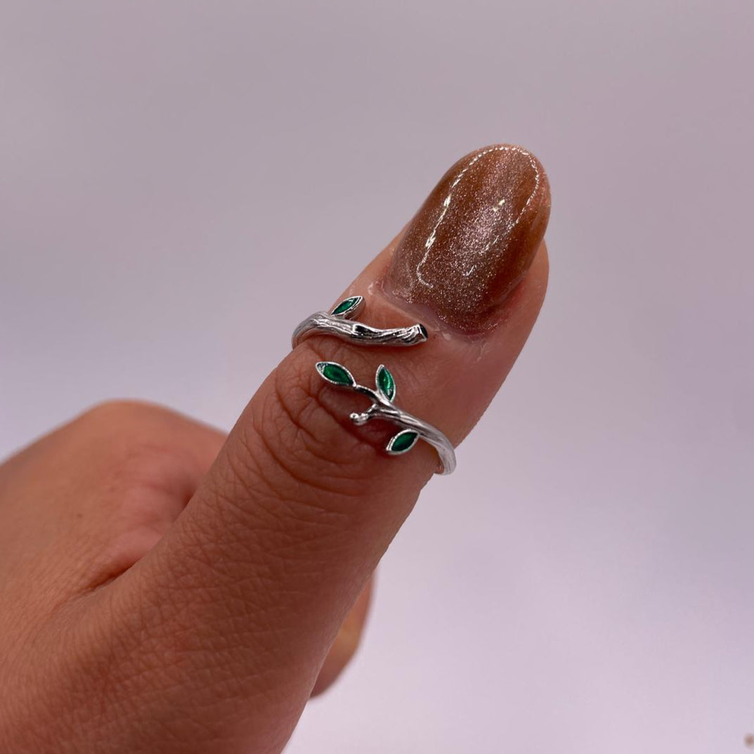 Green Enamel Branch Sterling Silver Ring - Adjustable