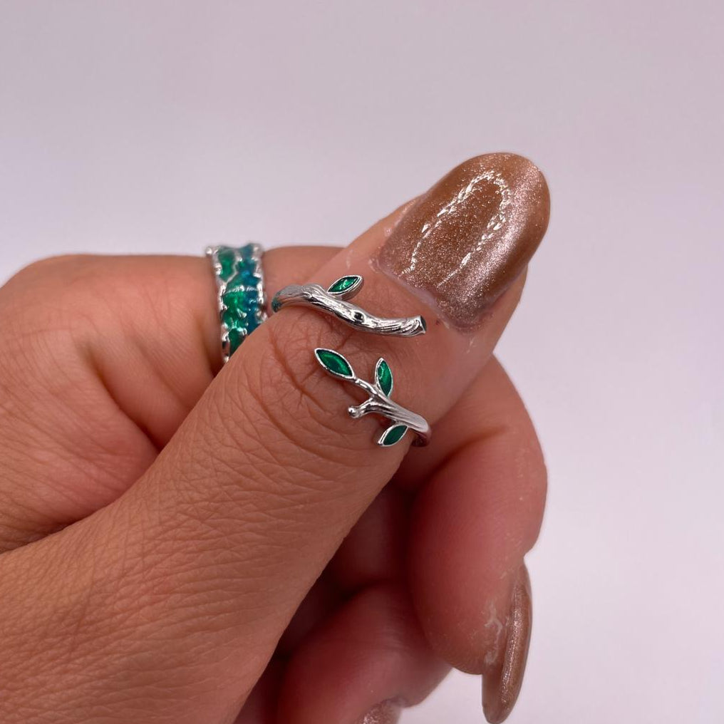 Green Enamel Branch Sterling Silver Ring - Adjustable