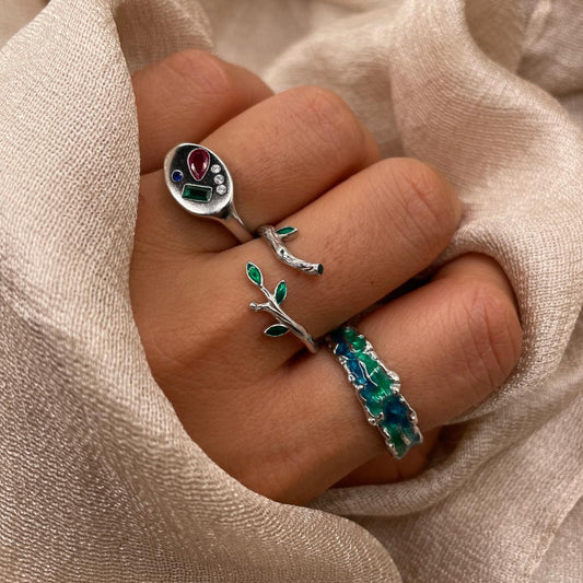 Green Enamel Branch Sterling Silver Ring - Adjustable