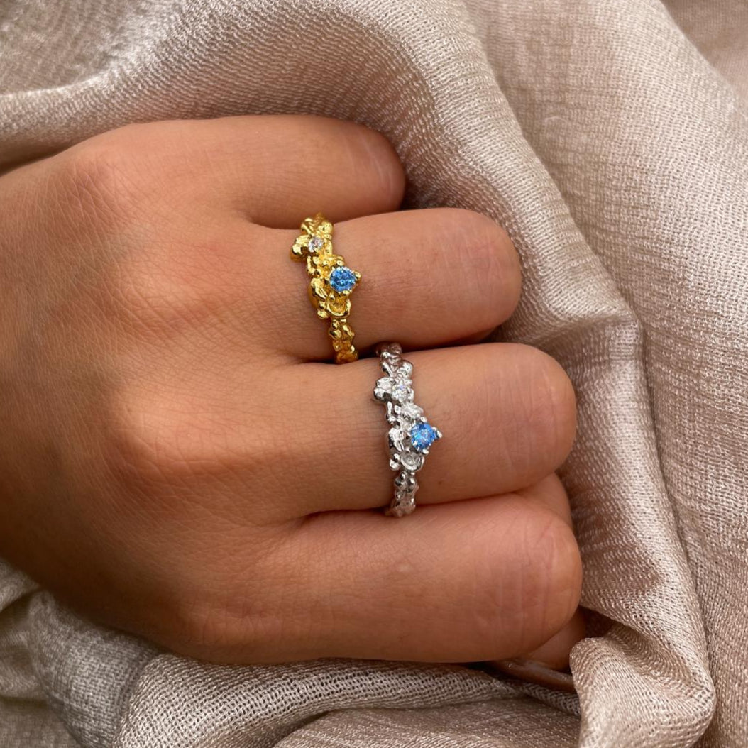 Amara Glow Ring | Molten Gold Textured Ring with Zircon Stones – 925 Sterling Silver Adjustable Band