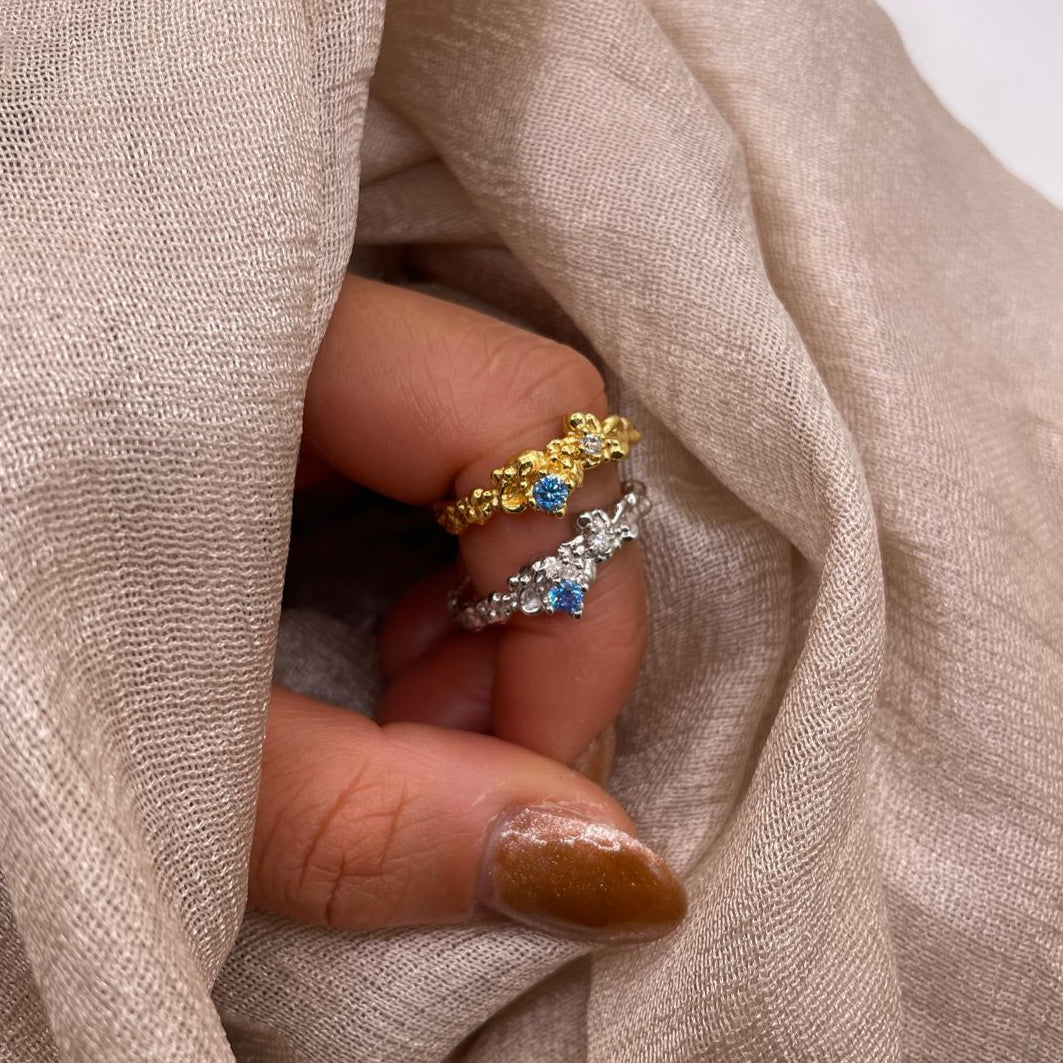 Amara Glow Ring | Molten Gold Textured Ring with Zircon Stones – 925 Sterling Silver Adjustable Band