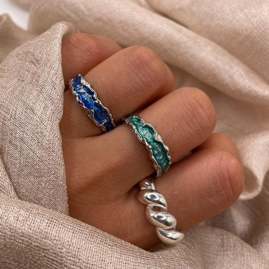 Ocean Blue & Green Enamel Wave 925 Sterling Silver Ring