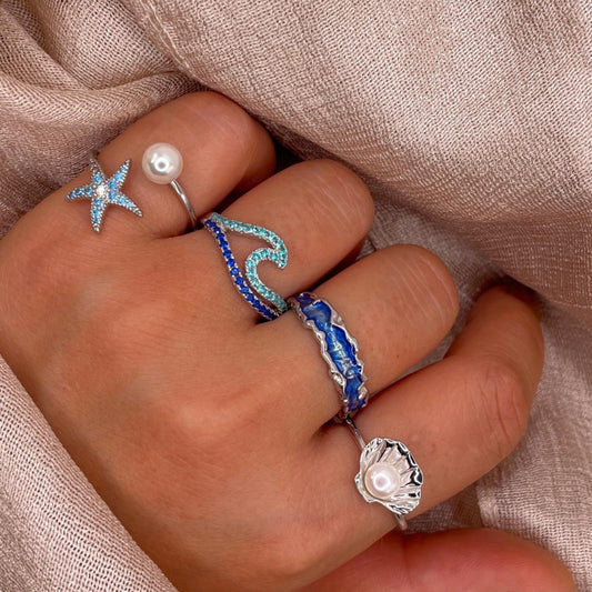 Summer Blue Double Wave 925 Sterling Silver Ring