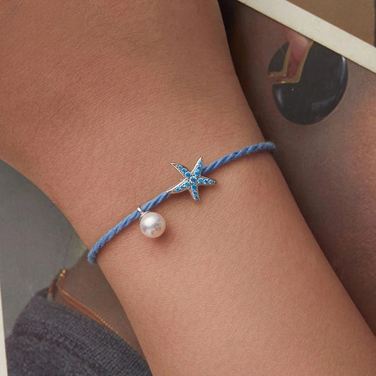 925 Sterling Silver Starfish & Pearl Hand Rope Bracelet