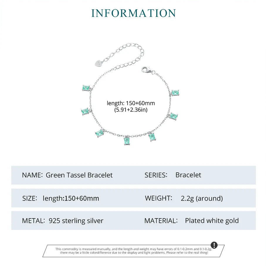 Green Gemstone Tassel Bracelet – 925 Sterling Silver