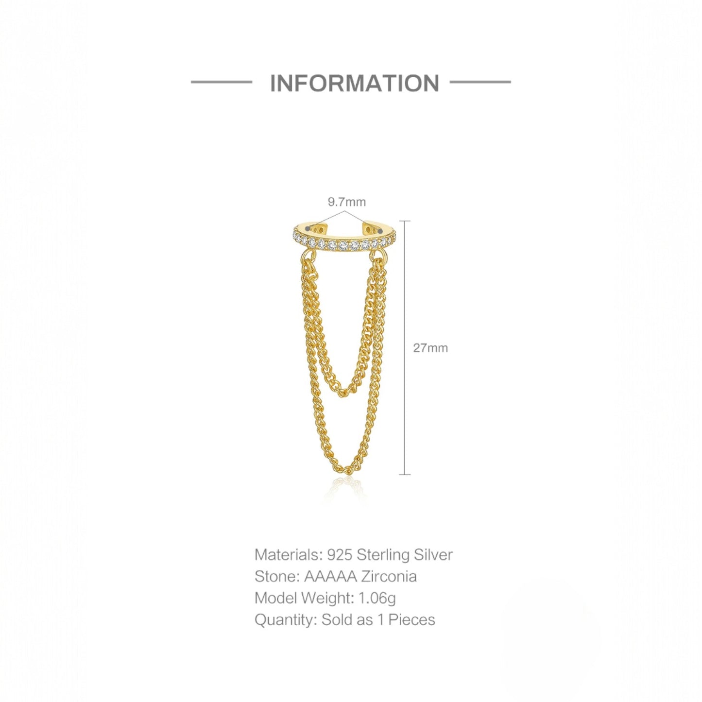 Golden Fall Chain Ear Cuff - 925 Sterling Silver