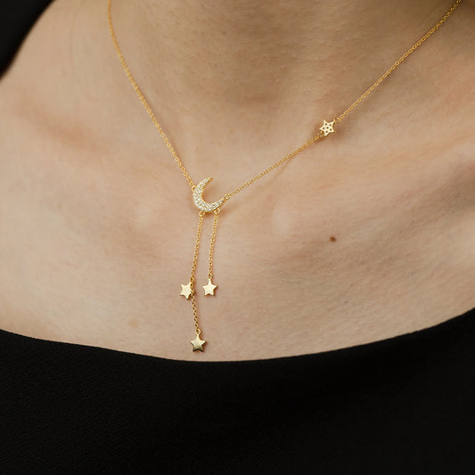 Moon & Stars Drop 925 Sterling Silver Necklace Dainty Celestial Pendant