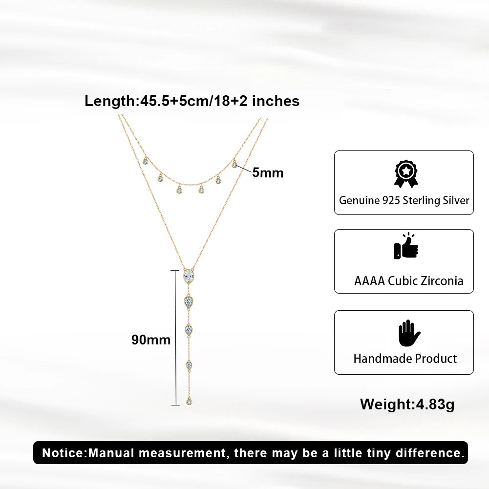 Layered Y Necklace 925 Sterling Silver | Cubic Zirconia Drop Necklace | Elegant Silver & Gold Layered Jewelry
