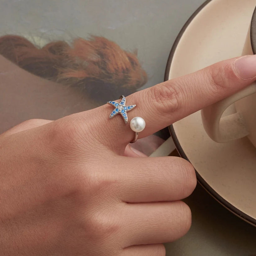 Starfish Pearl Adjustable 925 Sterling Silver Ring