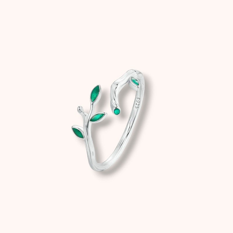 Green Enamel Branch Sterling Silver Ring - Adjustable