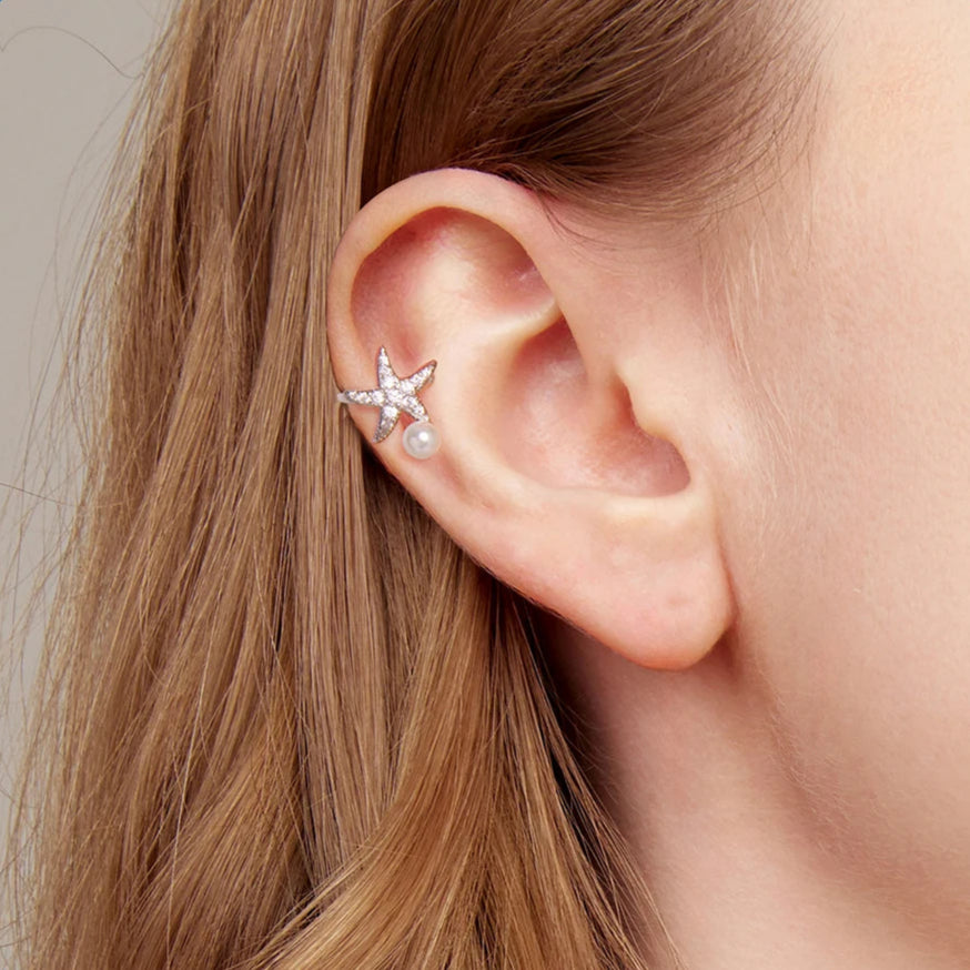 Starfish Pearl Ear Cuff: 925 Sterling Silver Clip-On Earring
