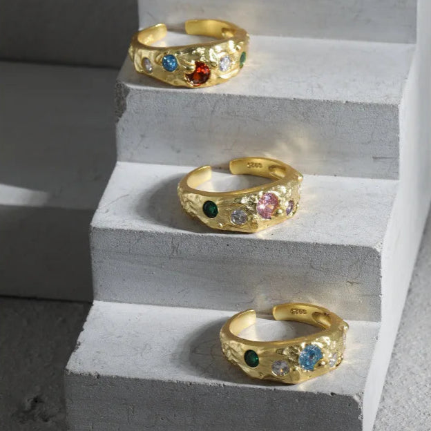 Colorful Zircon Gem Adjustable 925 Sterling Silver Ring