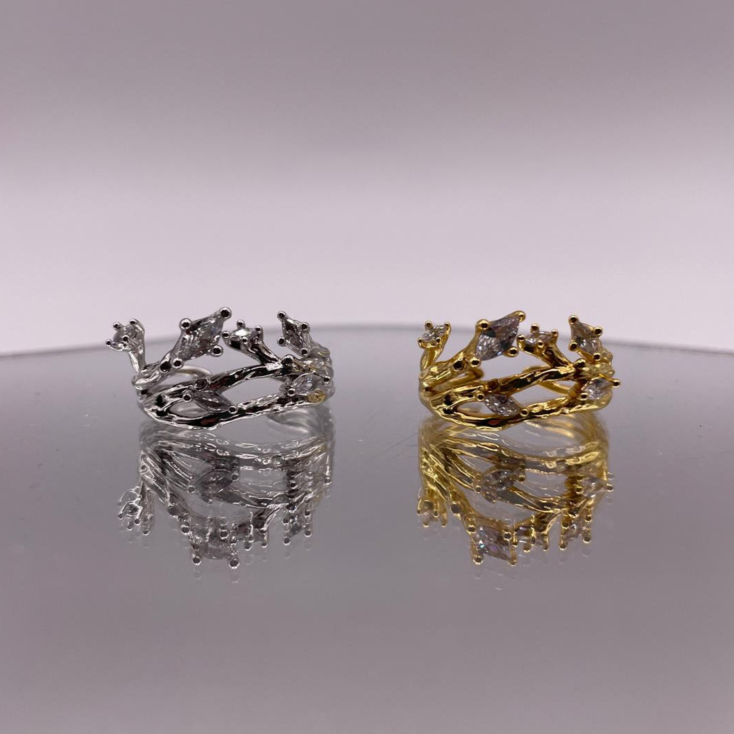 Zircon Leaf Branch Ring: 925 Sterling Silver Adjustable Jewelry