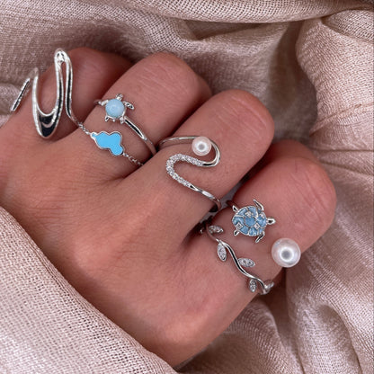 Turtle Pearl Open 925 Sterling Silver Ring | Ocean-Inspired Adjustable Ring