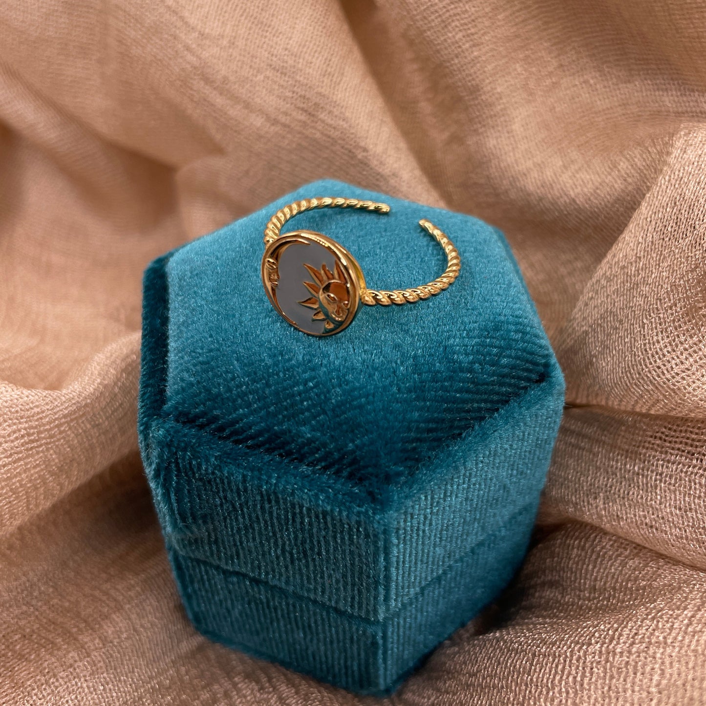Splendid Sun & Moon 925 Sterling Silver Ring Gold Plated Adjustable Ring
