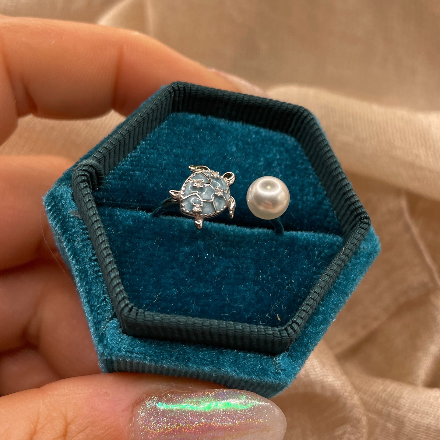Turtle Pearl Open 925 Sterling Silver Ring | Ocean-Inspired Adjustable Ring