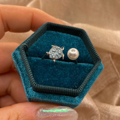 Turtle Pearl Open 925 Sterling Silver Ring | Ocean-Inspired Adjustable Ring