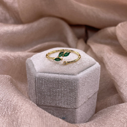 Green Crystal Leaf Adjustable 925 Sterling Silver Ring