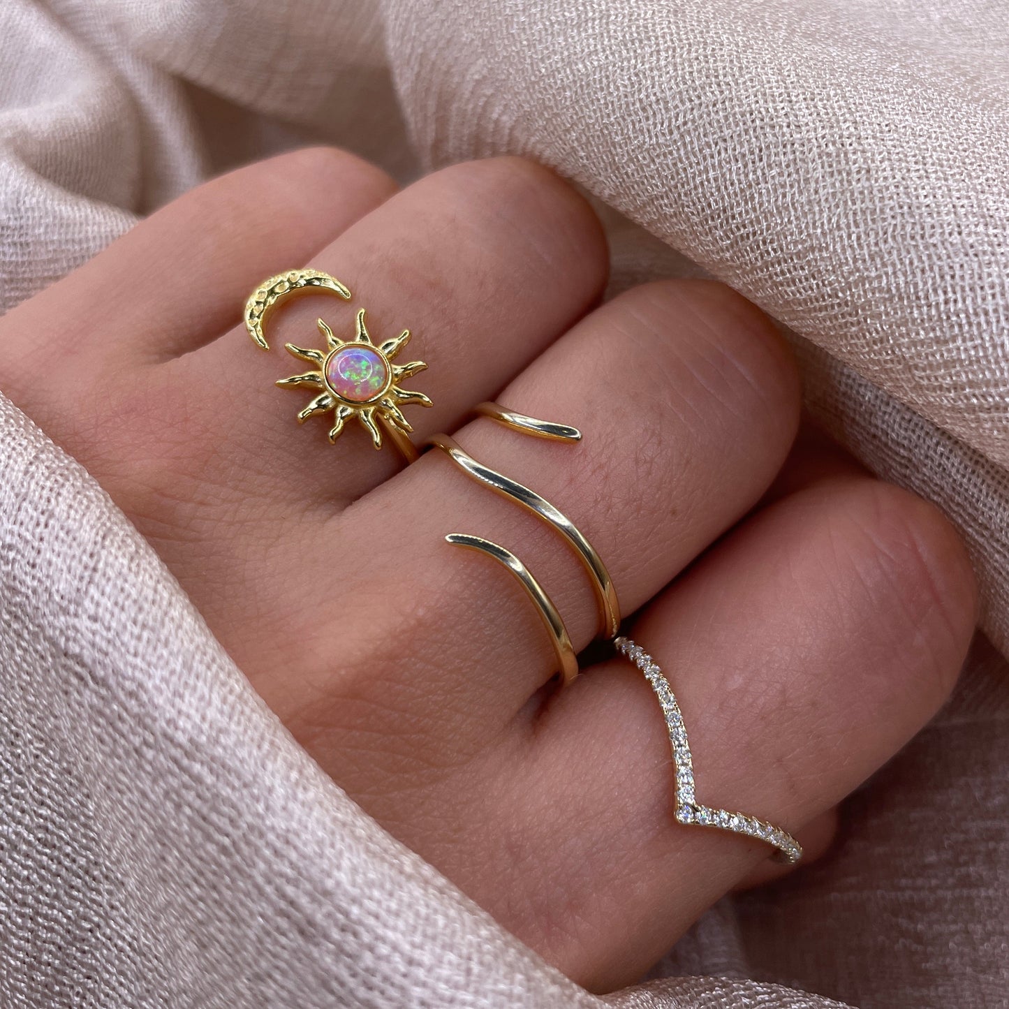 Pink Sun & Moon 925 Sterling Silver Ring Gold Plated Adjustable