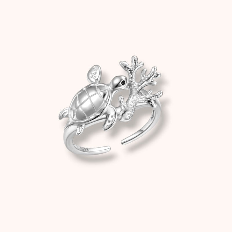 Coral Turtle Adjustable 925 Sterling Silver Ring