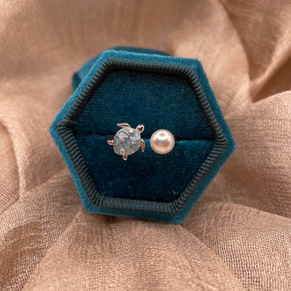 Turtle Pearl Open 925 Sterling Silver Ring | Ocean-Inspired Adjustable Ring