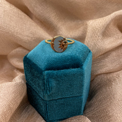 Splendid Sun & Moon 925 Sterling Silver Ring Gold Plated Adjustable Ring