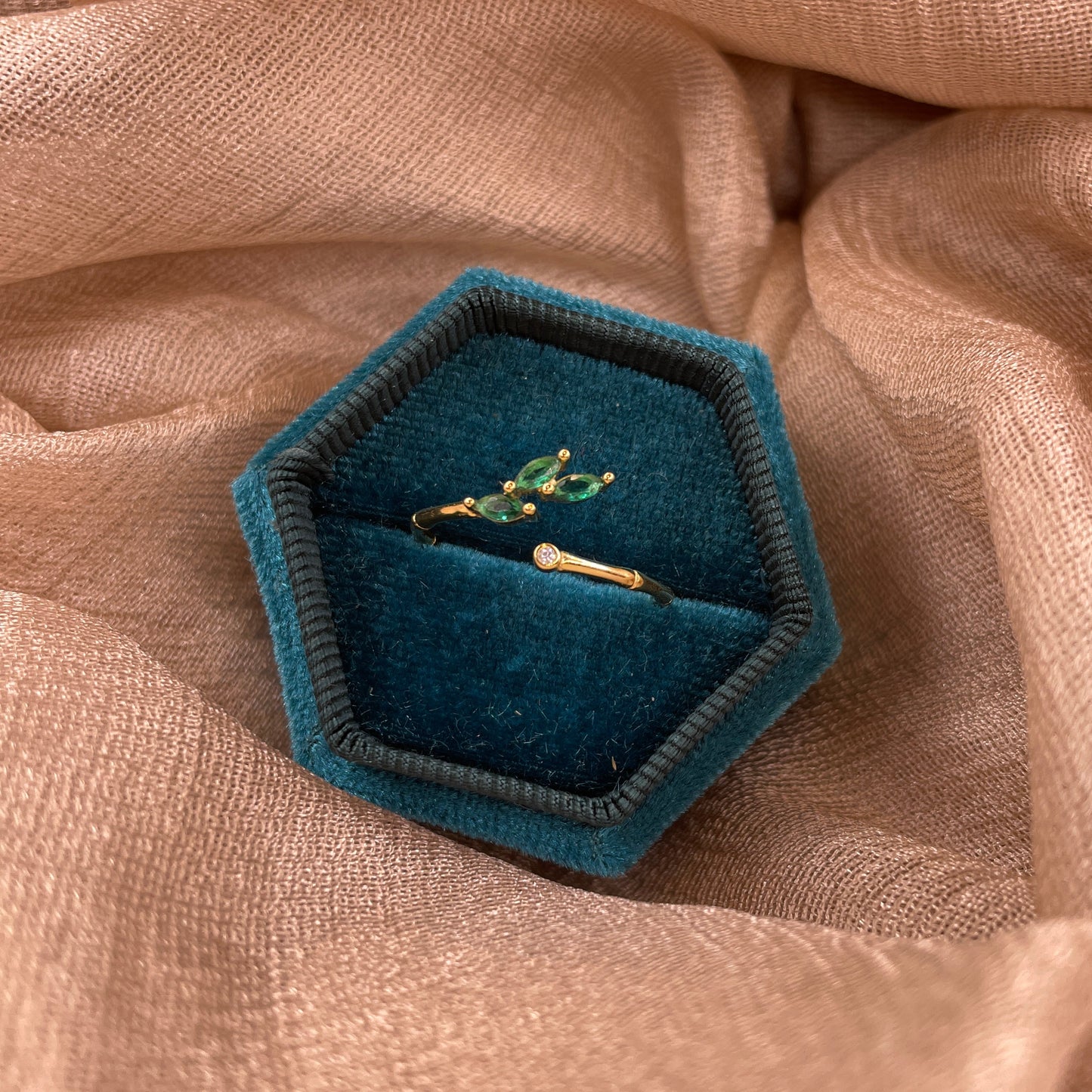 Green Crystal Leaf Adjustable 925 Sterling Silver Ring