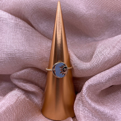 Splendid Sun & Moon 925 Sterling Silver Ring Gold Plated Adjustable Ring