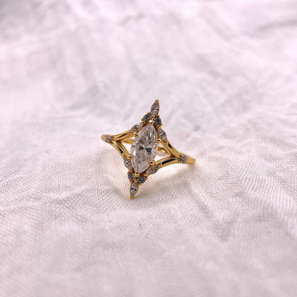 Marquise Moissanite Engagement Ring: Gold Plated Sterling Silver, Vintage Style