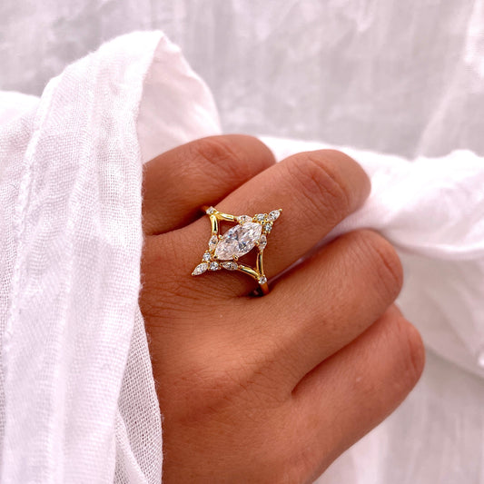 Marquise Moissanite Engagement Ring: Gold Plated Sterling Silver, Vintage Style