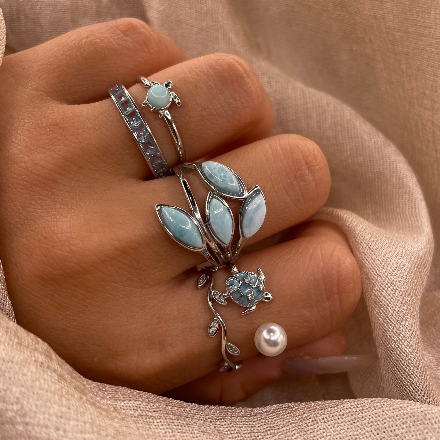 Turtle Pearl Open 925 Sterling Silver Ring | Ocean-Inspired Adjustable Ring