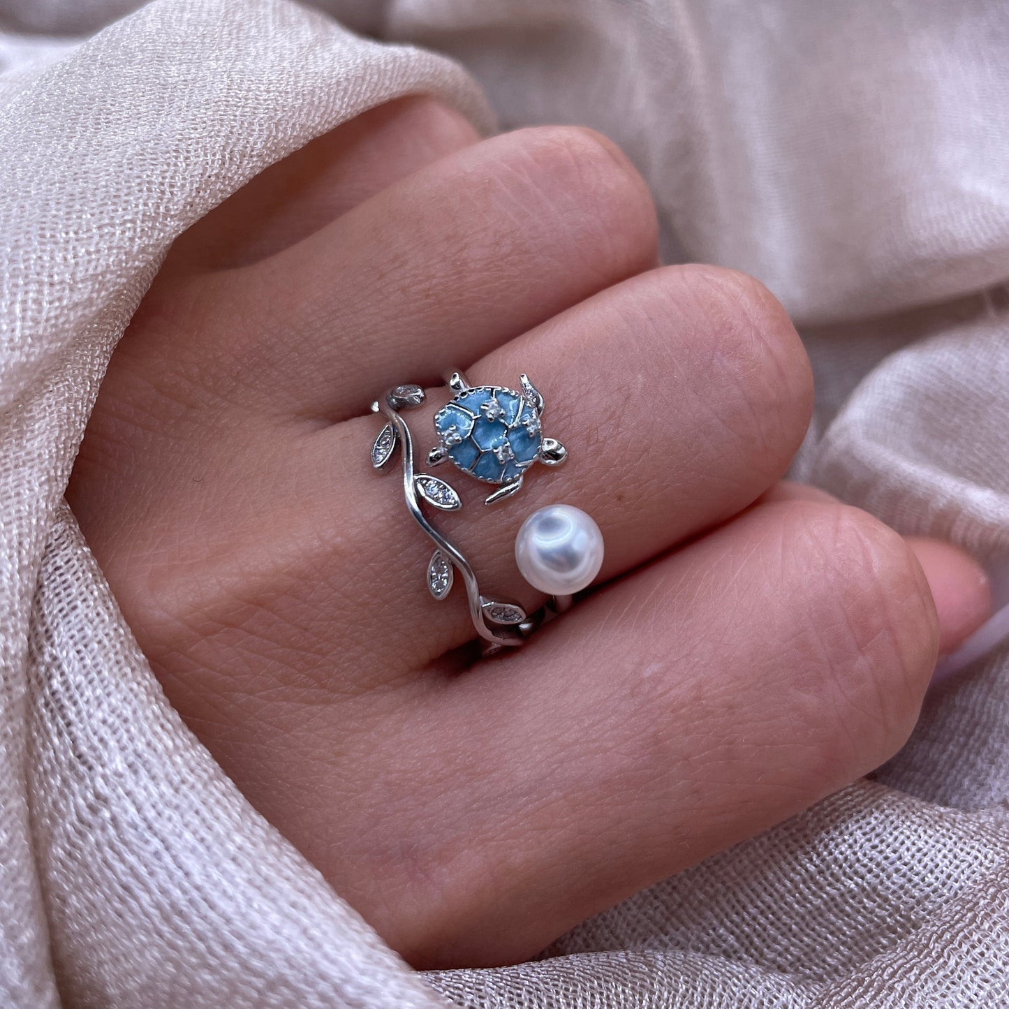 Turtle Pearl Open 925 Sterling Silver Ring | Ocean-Inspired Adjustable Ring