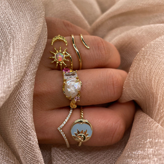 Pink Sun & Moon 925 Sterling Silver Ring Gold Plated Adjustable