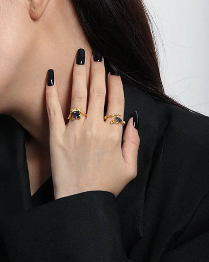 Molten Gold Adjustable Unique Ring with Rainbow Crystal