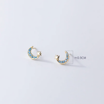 Moon & Star Zircon 925 Sterling Silver Stud Earrings