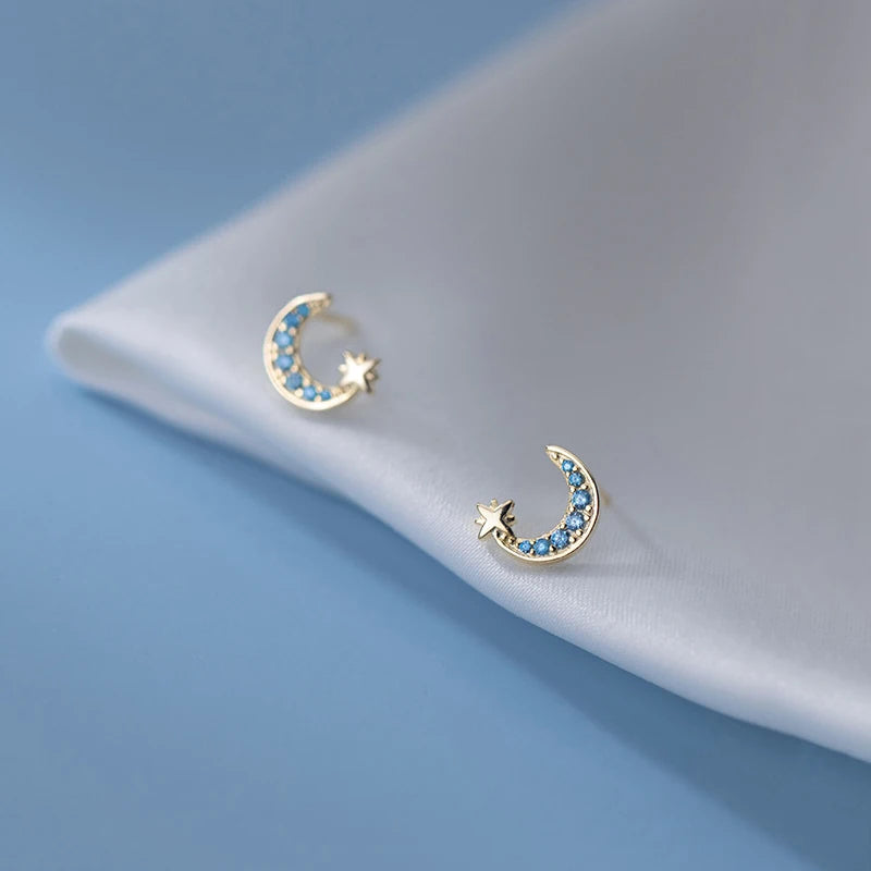 Moon & Star Zircon 925 Sterling Silver Stud Earrings