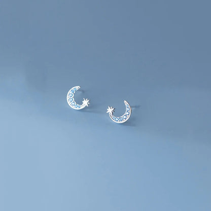 Moon & Star Zircon 925 Sterling Silver Stud Earrings