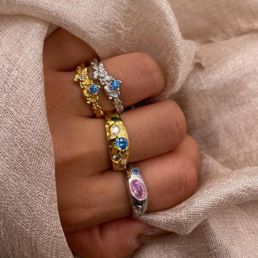 Amara Glow Ring | Molten Gold Textured Ring with Zircon Stones – 925 Sterling Silver Adjustable Band